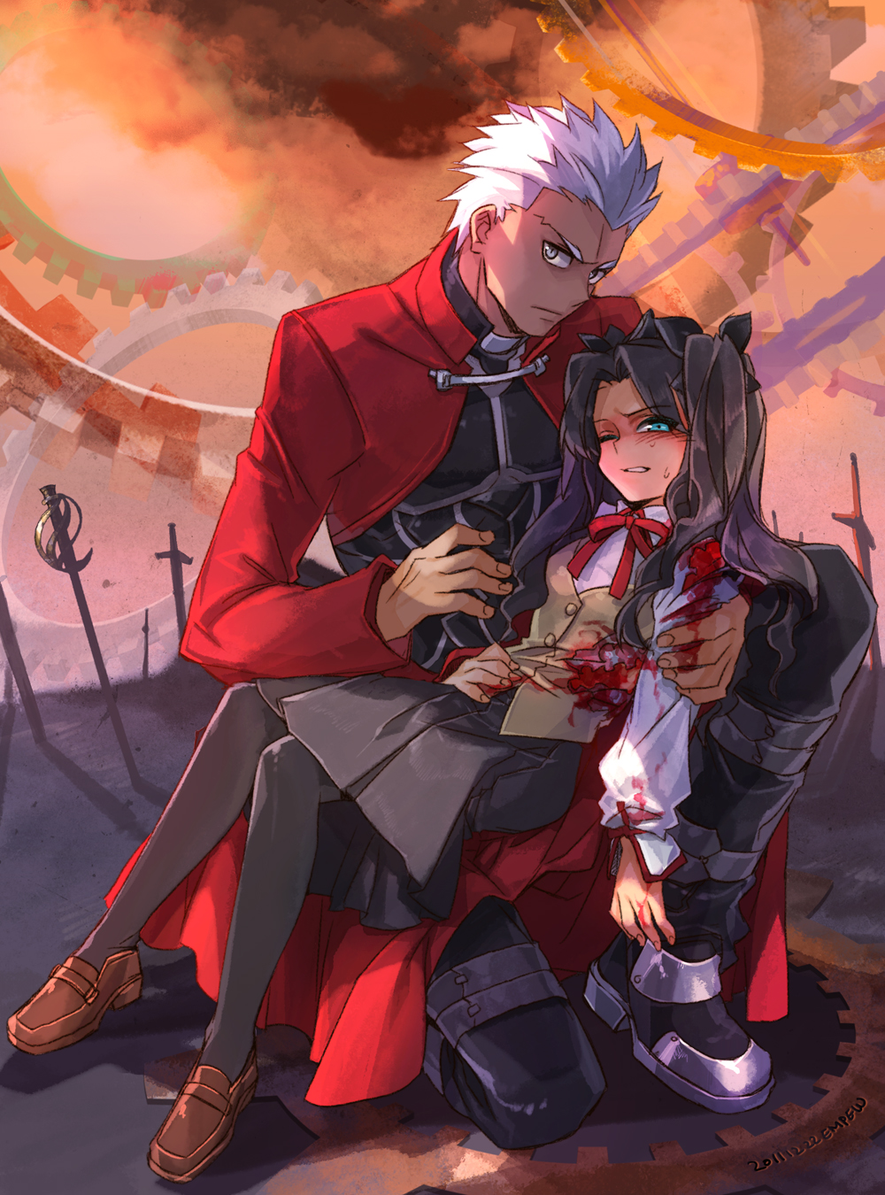 1girl archer bad_id black_hair blood blue_eyes dark_skin empew fate/stay_night fate_(series) gears grey_eyes hair_ribbon height_difference highres injury ribbon school_uniform tohsaka_rin toosaka_rin twintails two_side_up unlimited_blade_works white_hair wince