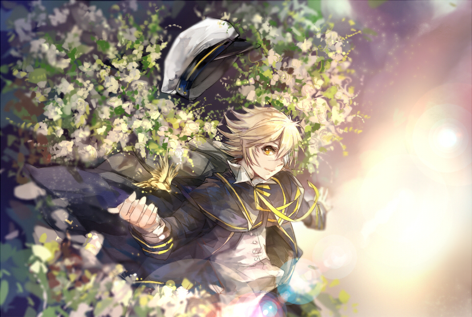 blonde_hair eyepatch flower hat male oliver_(vocaloid) sailor_hat short_hair solo vima vocaloid yellow_eyes