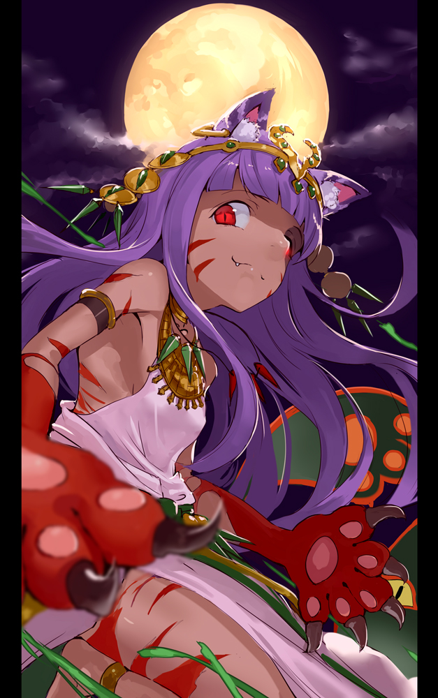 1girl animal_ears anklet armlet bare_shoulders bastet_(p&amp;d) blurry bodypaint cat cat_ears claws clouds depth_of_field dress egyptian facial_mark fang full_moon headpiece jewelry jyon leg_up letterboxed long_hair moon necklace night night_sky paws purple_hair puzzle_&amp;_dragons red_eyes sky slit_pupils smile solo white_dress