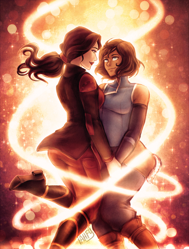 2girls alternate_hair_length alternate_hairstyle asami_sato avatar:_the_last_airbender blue_eyes brown_hair couple dark_skin detached_sleeves green_eyes iahfy korra leg_lift legend_of_korra lipstick long_hair looking_at_another makeup multiple_girls ponytail short_hair smile spoilers yuri