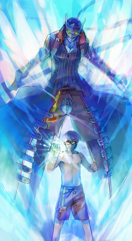 glasses honnomusi323 izanagi narukami_yuu persona persona_4 shorts swim_trunks swimsuit sword weapon