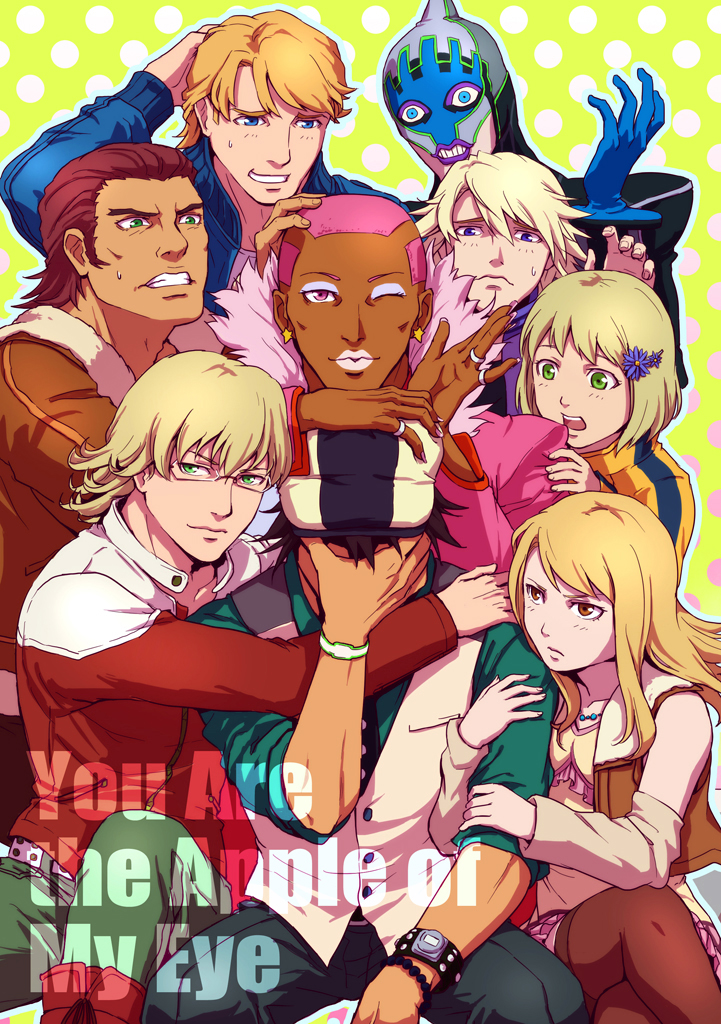 arms_locked barnaby_brooks_jr cabbie_hat cover cover_page covering covering_face doujin_cover everyone facepalm flower hair_flower hair_ornament hairclip hat huang_baoling ivan_karelin jewelry kaburagi_t_kotetsu karina_lyle keith_goodman licamen lunatic_(tiger_&amp;_bunny) nathan_seymour ring tiger_&amp;_bunny wink yuri_petrov