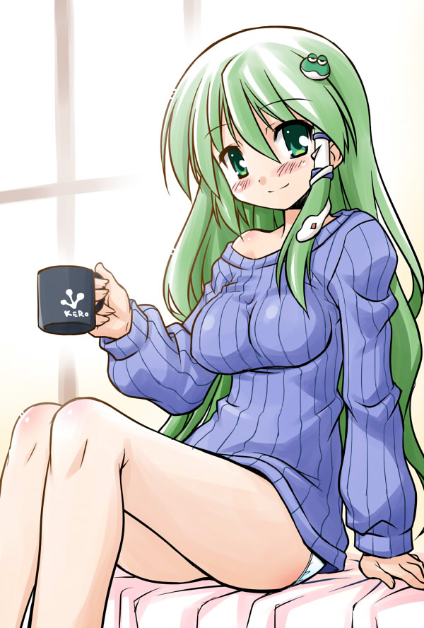 akou_roushi alternate_costume bare_legs cup frog green_eyes green_hair hair_ornament kochiya_sanae long_hair mug no_pants off_shoulder panties ribbed_sweater sitting snake solo sweater touhou underwear white_panties