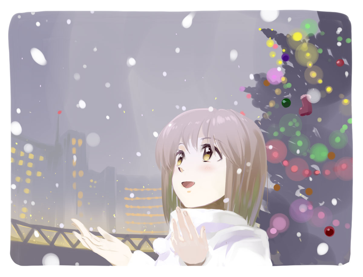 andou_chikanori artist_request blush brown_hair christmas_tree city cityscape hagiwara_yukiho idolmaster looking_up short_hair skyline smile snowflakes snowing solo source_request yellow_eyes