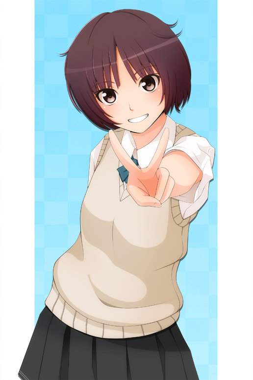 amagami blush kishida-shiki school_uniform short_hair skirt solo sweater_vest tachibana_miya v