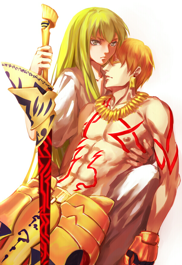 androgynous armor blonde_hair ea_(fate/stay_night) enkidu_(fate/strange_fake) fate/hollow_ataraxia fate/strange_fake fate_(series) gauntlets gilgamesh green_eyes green_hair jewelry male multiple_boys necklace robe shirtless short_hair tattoo white_background yushouxidengjilang