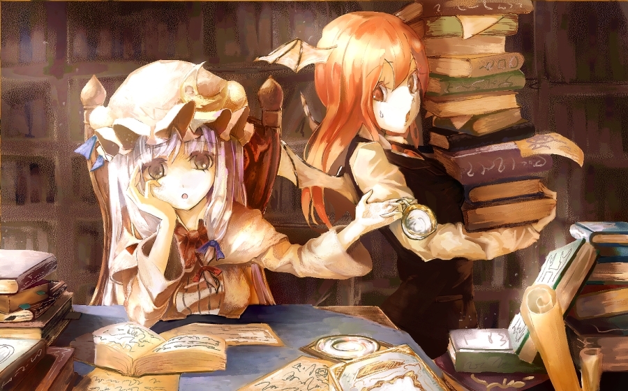 :o bat_wings blurry book bookshelf brown_dress capelet carrying crescent cup depth_of_field desk dress dress_shirt empty hair_ribbon hand_on_own_cheek hat head_wings inobesion koakuma kotarou_(rakugaki_shirushi) library long_hair long_sleeves multiple_girls necktie open_book open_mouth outstretched_arm patchouli_knowledge pink_dress purple_eyes purple_hair red_eyes red_hair redhead ribbon saucer scroll shirt skirt skirt_set striped striped_dress teacup the_embodiment_of_scarlet_devil too_many_books touhou vest violet_eyes voile wings