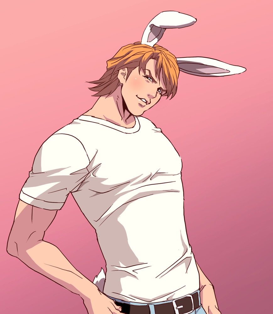 animal_ears blonde_hair blue_eyes bunny_ears bunny_tail imasan jeans keith_goodman kemonomimi_mode male pink_background short_hair solo t-shirt tail tiger_&amp;_bunny