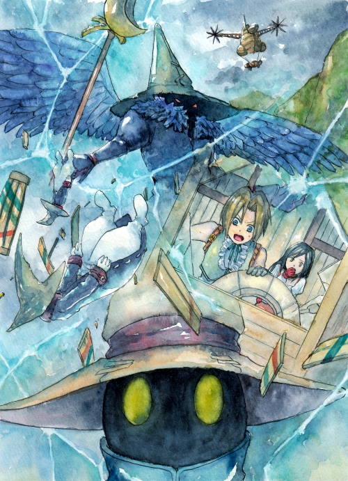 1girl black_hair black_mage black_waltz blonde_hair bodysuit choker commentary_request deboo final_fantasy final_fantasy_ix garnet_til_alexandros_xvii gloves hat long_hair multiple_boys orange_bodysuit traditional_media vivi_ornitier watercolor_(medium) weapon wings zidane_tribal