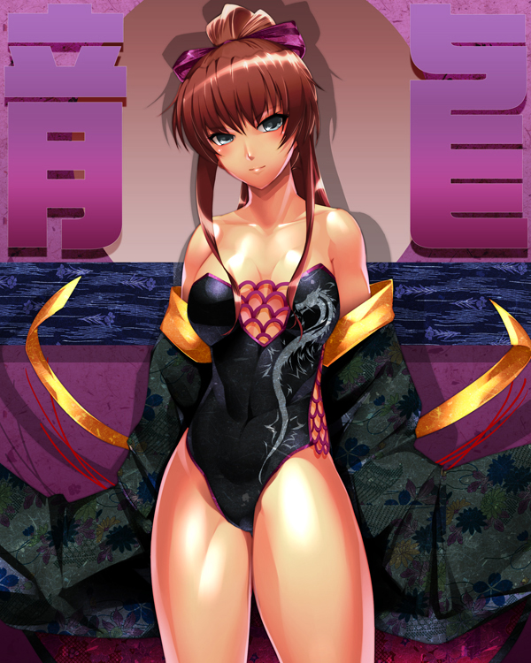 bath blue_eyes bowa breasts brown_hair cleavage dragon eastern_dragon hair_ribbon japanese_clothes leotard long_hair ponytail ribbon smile solo text thunder_ryuko wrestle_angels wrestle_angels_survivor wrestling_outfit