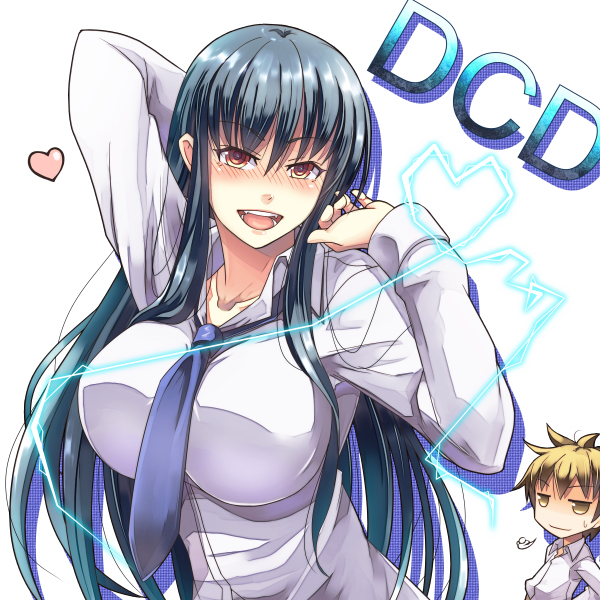 &gt;:) &gt;:d 1girl :d arm_behind_head blonde_hair blue_hair blush breasts bust collarbone dcd diamond_cut_diamond electricity heart huge_breasts impossible_clothes impossible_shirt kurosu_keisuke large_breasts long_hair long_sleeves looking_at_viewer necktie nose_blush open_mouth school_uniform shigyou_yuuyami shirt short_hair smile very_long_hair ygo