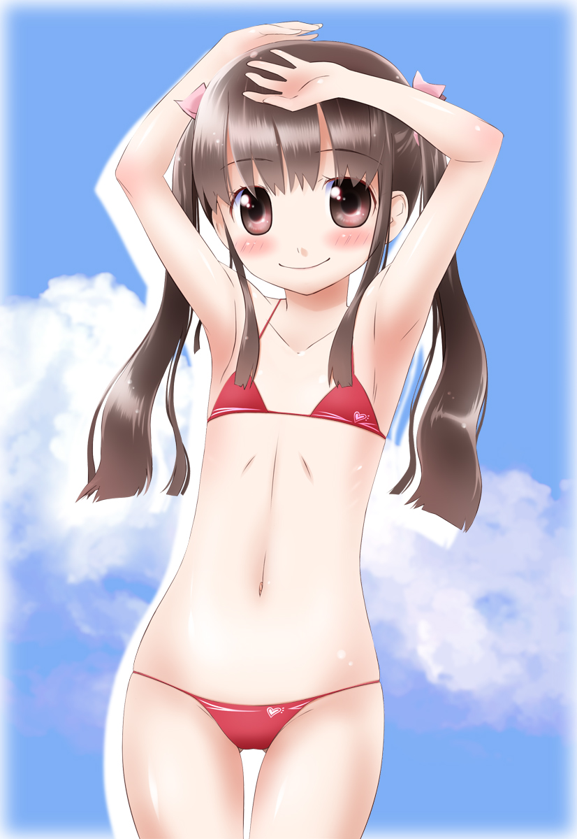 armpits arms_up bare_shoulders bikini brown_eyes brown_hair cloud flat_chest highres long_hair looking_at_viewer md5_mismatch navel noto_(soranoto) original sky smile solo swimsuit thigh_gap thighs twintails