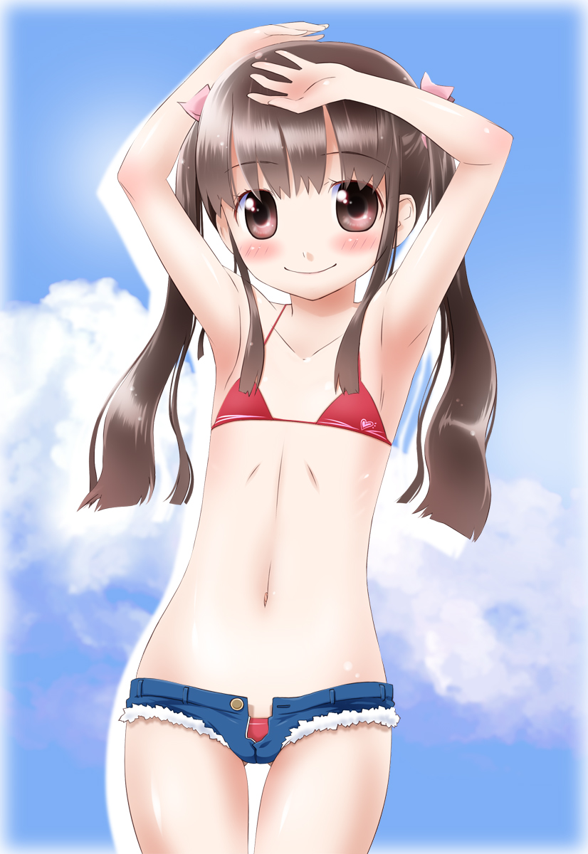 armpits arms_up bare_shoulders bikini brown_eyes brown_hair cloud denim denim_shorts flat_chest highres long_hair looking_at_viewer md5_mismatch navel noto_(soranoto) original revision short_shorts shorts sky smile solo swimsuit thigh_gap thighs twintails