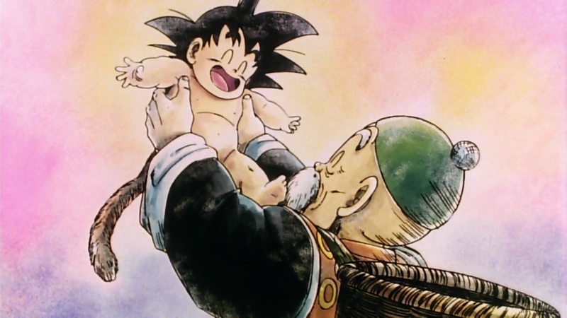 2boys basket black_hair child closed_eyes dragon_ball dragonball grandpa_gohan happy hat holding japanese_clothes male monkey_tail multiple_boys nude outstretched_arms son_goku son_gokuu spiked_hair spread_arms tail white_hair young