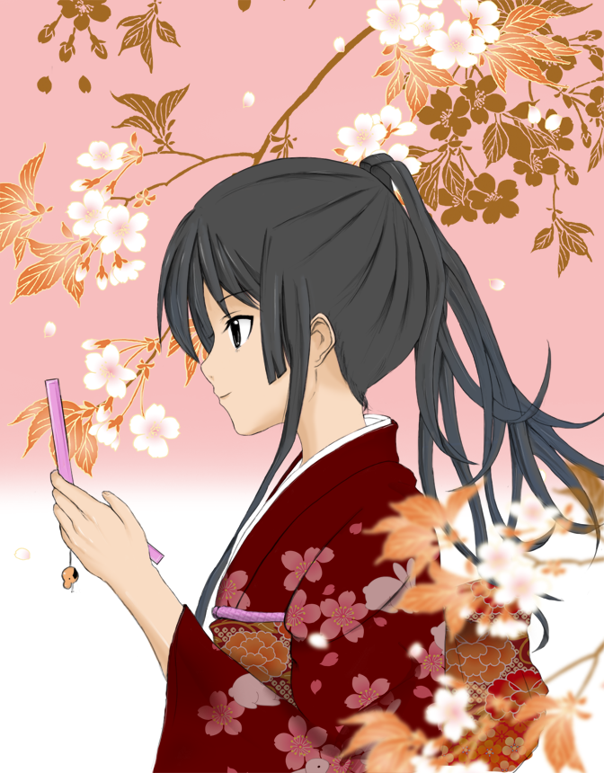 black_eyes black_hair cellphone flower japanese_clothes k-on! kimono long_hair nakano_azusa phone sen_(teruterutenshi) solo twintails