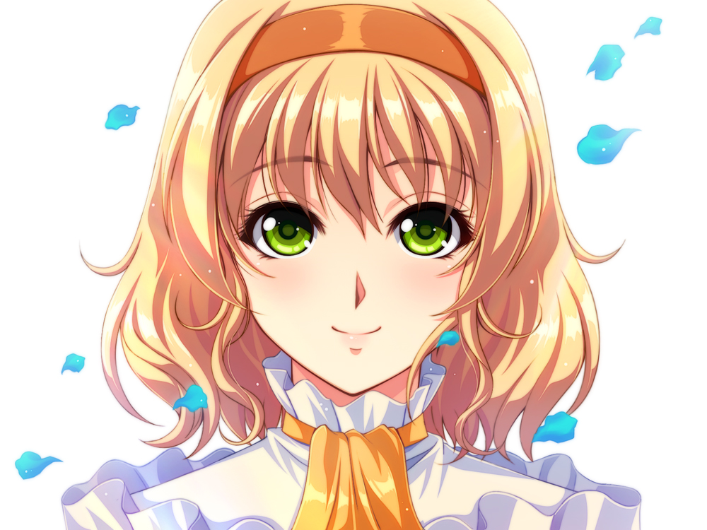 1girl blonde_hair bust byuune close-up closed_mouth eyebrows_visible_through_hair face green_eyes hair hairband looking_at_viewer natalia_luzu_kimlasca_lanvaldear petals portrait smile solo tales_of_(series) tales_of_the_abyss white_background