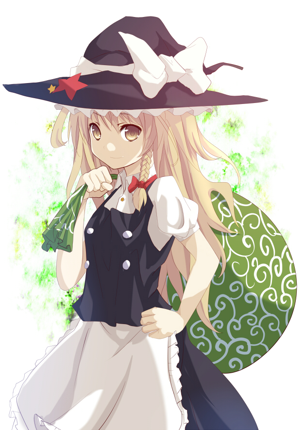 akeboshi_kagayo bad_id bag blonde_hair braid buttons dress hair_ribbon hat kirisame_marisa ribbon sack solo star touhou witch_hat yellow_eyes