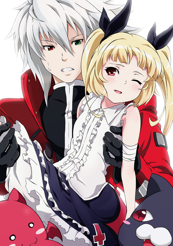 blazblue blonde_hair blush blush_stickers fang gii gloves green_eyes heterochromia nago rachel_alucard ragna_the_bloodedge raichi_(pixiv) red_eyes silver_hair sweatdrop wink