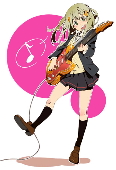 84k guitar hirasawa_yui hirasawa_yui_(cosplay) instrument k-on! legs maka_albarn musical_note parody shuri_(84k) solo soul_eater