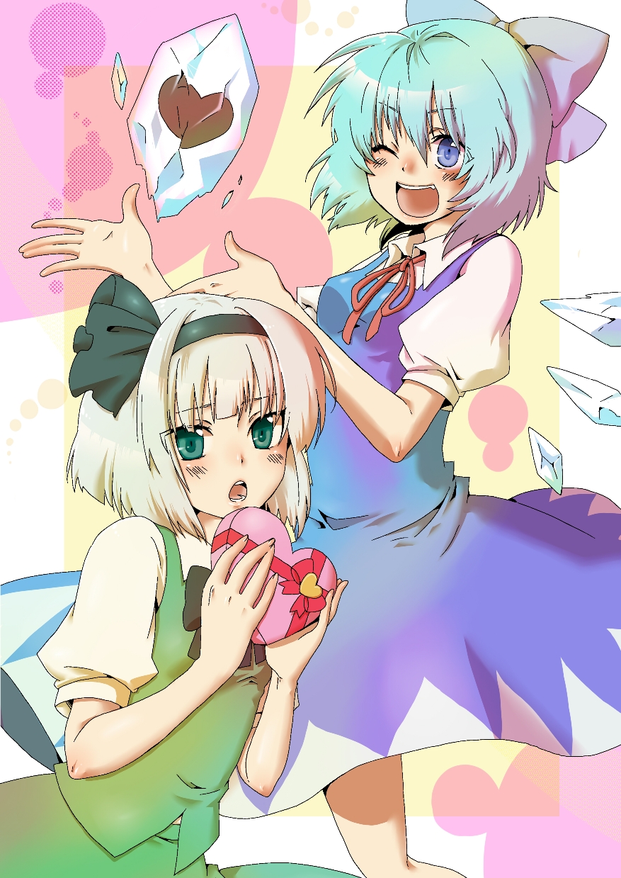 2girls blue_eyes blue_hair blush bow chocolate cirno green_eyes hair_bow hair_ribbon hairband highres ice jun_(kyurisin) konpaku_youmu multiple_girls open_mouth ribbon short_hair silver_hair touhou valentine wink