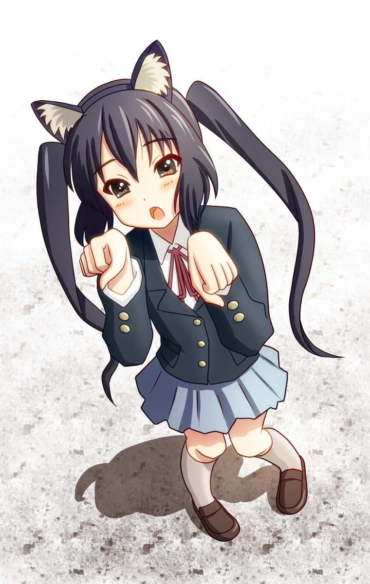 black_hair brown_eyes cat_ears cat_pose chunpai from_above highres k-on! long_hair nakano_azusa paw_pose school_uniform solo twintails