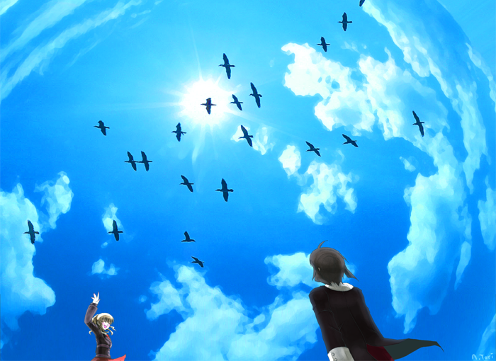 bird blue butler clouds happy kanon_(umineko) looking_up seagull sky smile sun umineko_no_naku_koro_ni ushiromiya_jessica waving