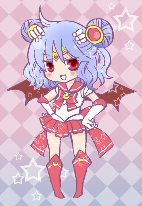 alternate_costume alternate_hairstyle bat_wings blue_hair checkered checkered_background crescent double_bun elbow_gloves gloves magical_girl mucco red_eyes remilia_scarlet sailor_moon_(cosplay) solo star touhou wings