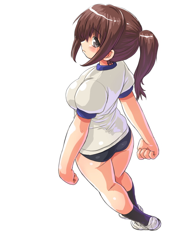 brown_eyes brown_hair buruma clenched_hands dd_(artist) from_above from_behind gym_uniform legs looking_back looking_up original ponytail solo