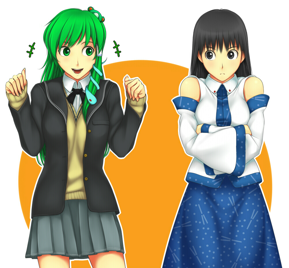 amagami ayatsuji_tsukasa bare_shoulders black_eyes black_hair cosplay costume_switch crossed_arms crossover detached_sleeves frog_hair_ornament green_eyes green_hair hair_ornament hikikorosuzoware japanese_clothes kochiya_sanae long_hair multiple_girls open_mouth pleated_skirt school_uniform skirt sweater_vest touhou