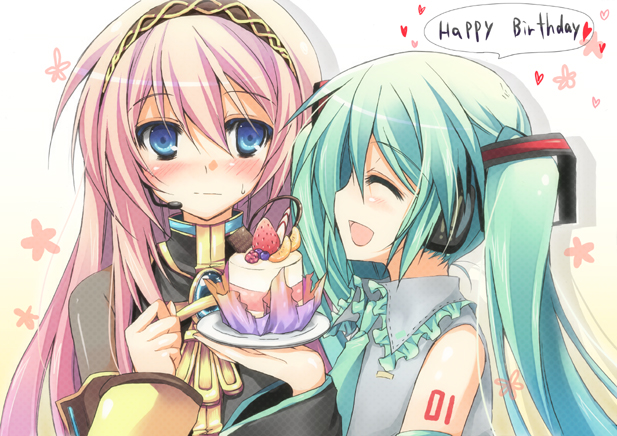 aqua_hair blue_eyes blush cake food happy_birthday hatsune_miku heart long_hair megurine_luka multiple_girls pastry pink_hair purinko smile sweatdrop twintails vocaloid