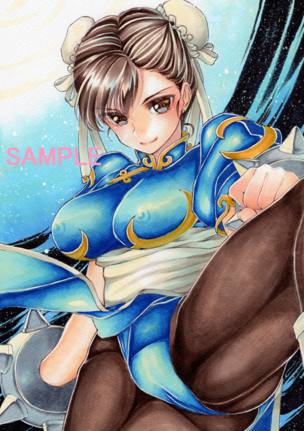 1girl black_hair bracelet breasts brown_hair bun_cover capcom china_dress chinese_clothes chun-li colored_pencil_(medium) double_bun dress earrings jewelry leg_up marker_(medium) pantyhose pelvic_curtain puffy_short_sleeves puffy_sleeves sample sash short_sleeves smile solo spiked_bracelet spikes street_fighter traditional_media watercolor_(medium) yoshidapeso