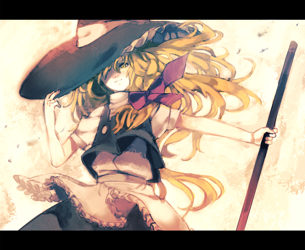 bad_id blonde_hair braid broom hat hat_tip kirisame_marisa letterboxed one-eyed shippo_(skink) skink solo touhou witch_hat yellow_eyes