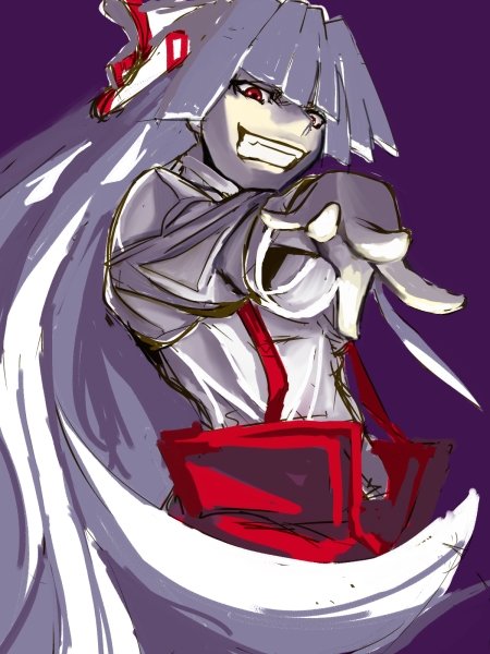 artist_request foreshortening fujiwara_no_mokou grin hair_bow hair_ribbon hands long_hair long_sleeves looking_down mochi_suki outstretched_arm outstretched_hand red_eyes ribbon silver_hair simple_background smile suspenders touhou