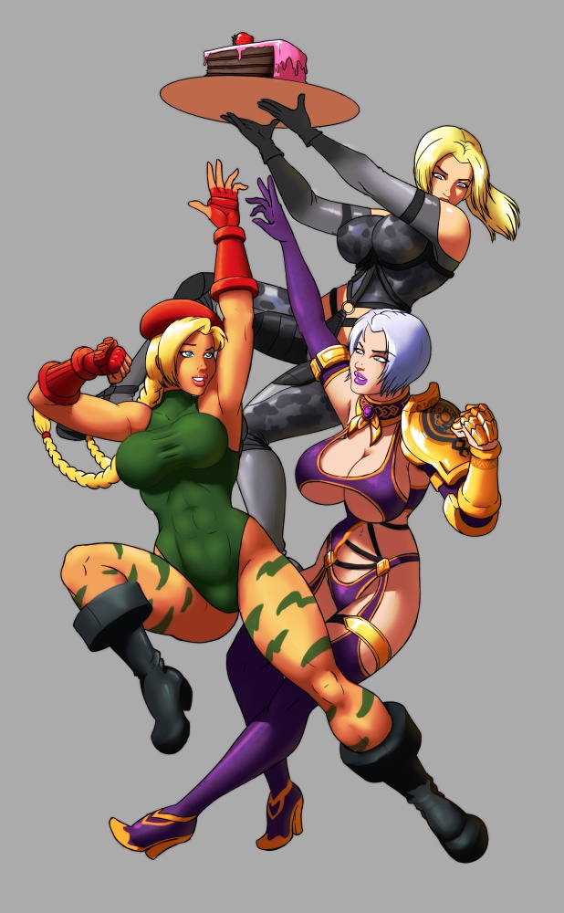 3girls abs beret blonde_hair blue_eyes boots braid breasts cake cammy_white capcom choker cleavage demien elbow_gloves fingerless_gloves food gauntlets gloves hat high_heels impossible_shirt isabella_valentine large_breasts latex latex_gloves leotard lips long_hair namco navel nina_williams pants ponytail shoes short_hair soul_calibur strawberry street_fighter tekken thigh_boots thighhighs tight_pants twin_braids underboob very_long_hair white_hair