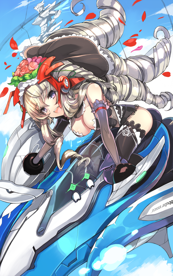 ass bare_shoulders black_legwear blue_eyes breasts cleavage cloud cockpit drill_hair elbow_gloves flower gloves hair_flower hair_ornament headgear izuru_(timbermetal) lace long_hair machinery mecha open_mouth original outstretched_arms patterned petals piloting pink_rose red_rose rose silver_hair sitting sky smile solo strap thigh-highs thighhighs tight tight_clothing