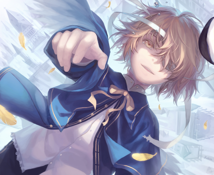 bad_id bandage bandage_over_one_eye bandages blonde_hair building falling feathers hat male oliver_(vocaloid) outstretched_hand robinexile sailor sailor_hat tears vocaloid yellow_eyes