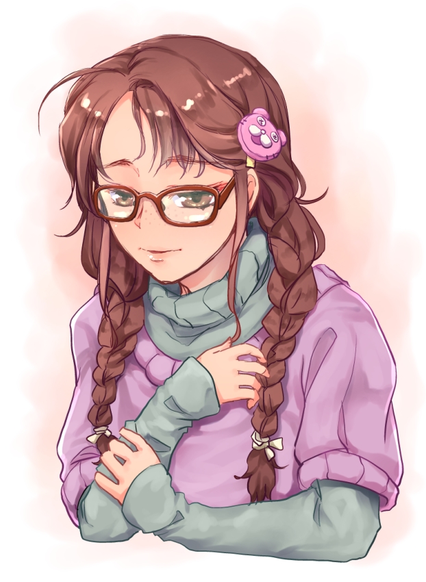 ahoge braid brown_eyes brown_hair efyuru freckles glasses hair_ornament hairclip idolmaster idolmaster_cinderella_girls long_hair okuyama_saori smile solo sweater turtleneck twin_braids