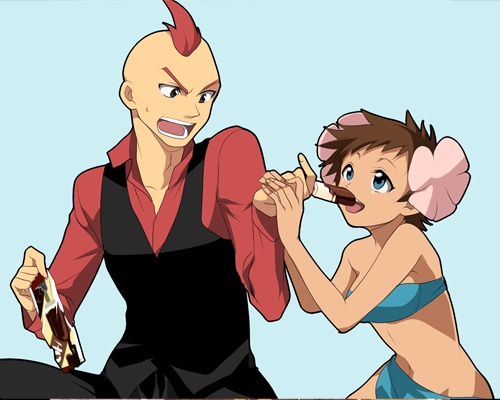 1boy 1girl angry bare_shoulders blue_eyes brown_hair elite_four eye_contact flower fuyou_(pokemon) hair_flower hair_ornament hirococo ice ice_cream kagetsu_(pokemon) lowres midriff mound_of_venus navel open_mouth orange_hair pokemon pokemon_rse pokemon_ruby_and_sapphire popsicle short_hair simple_background tubetop