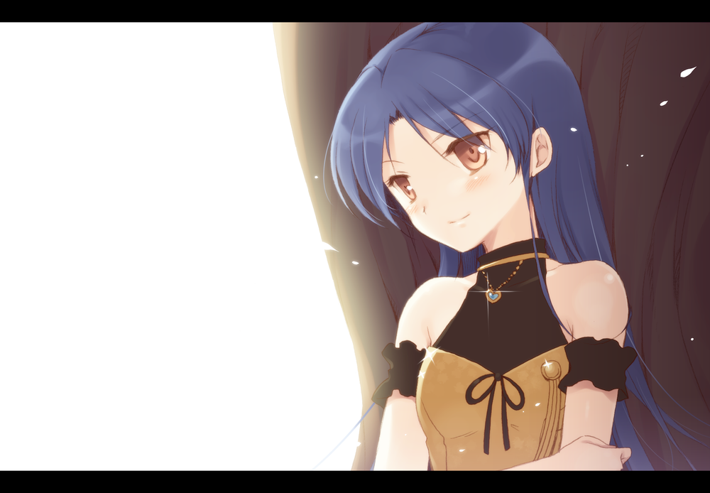 against_tree arm_garter bad_id bare_shoulders bloom blue_hair brown_eyes glint heart holding_arm idolmaster jewelry kisaragi_chihaya komi_zumiko letterboxed live_for_venus long_hair necklace sleeveless smile solo tree