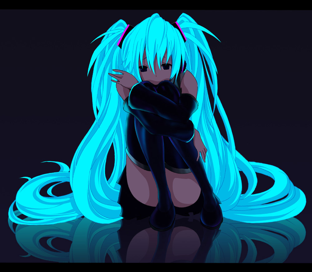 aqua_hair dark glowing glowing_hair hatsune_miku leg_hug letterboxed long_hair ma-yu sitting skirt solo thigh-highs thighhighs twintails very_long_hair vocaloid