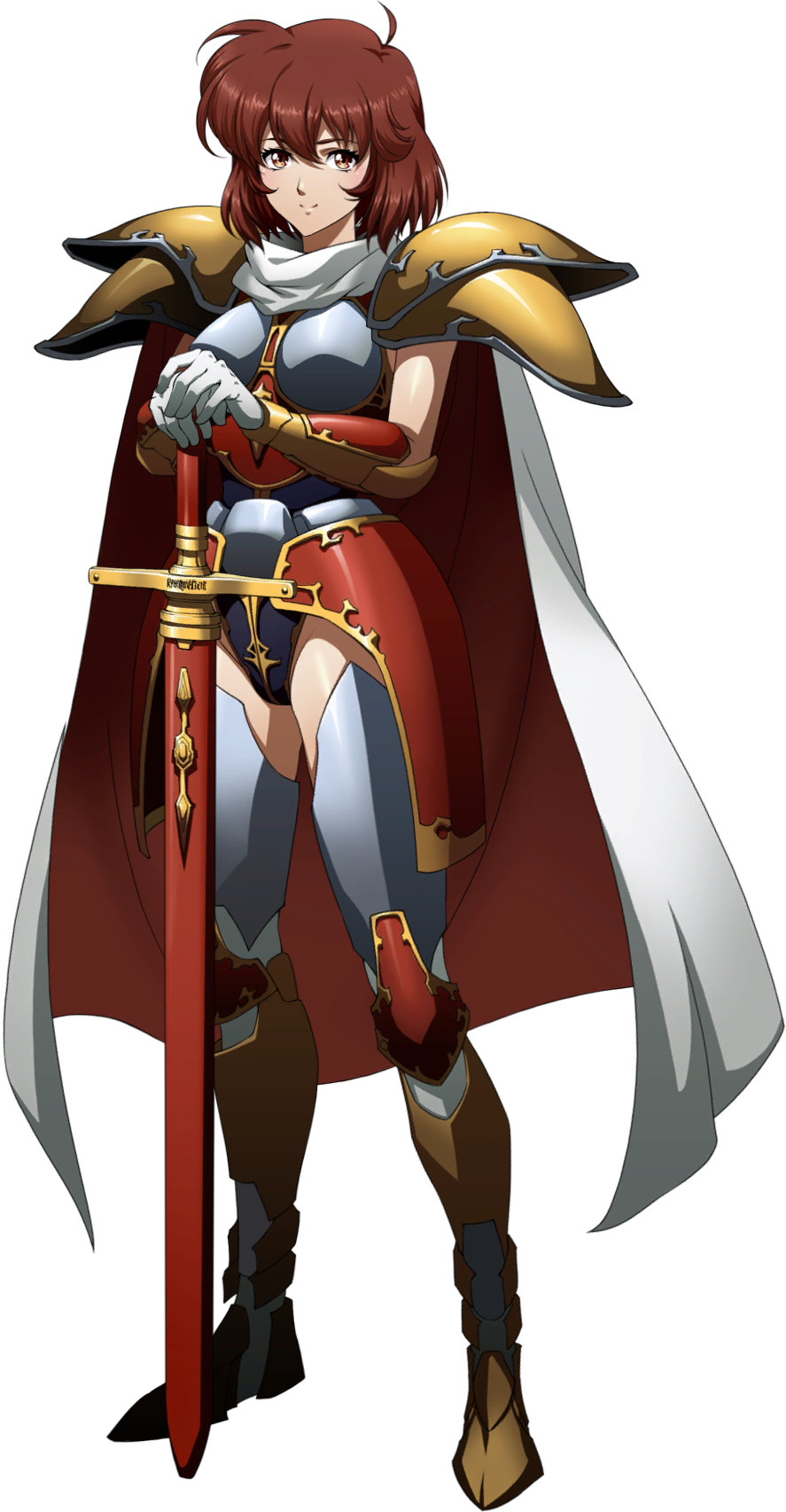 1girl armor armored_boots bangs boobplate boots brown_eyes brown_hair closed_mouth faulds flare_(langrisser) full_body gloves hair_between_eyes hands_on_hilt highres langrisser langrisser_iii leotard looking_at_viewer official_art shiny shiny_hair shiny_skin short_hair shoulder_armor smile solo standing transparent_background white_gloves