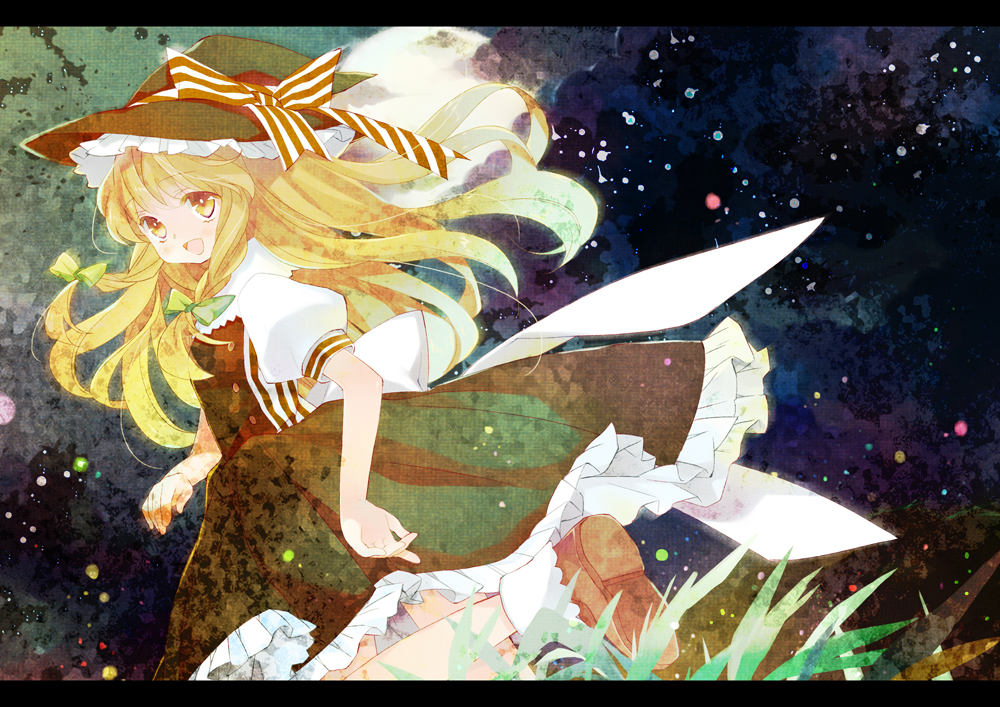 alitou alternate_hairstyle black_dress blonde_hair bow braid cloud dress full_moon grass hair_ribbon hat hat_ribbon kirisame_marisa letterboxed long_hair moon night open_mouth ribbon smile solo star_(sky) touhou twin_braids witch witch_hat yellow_eyes