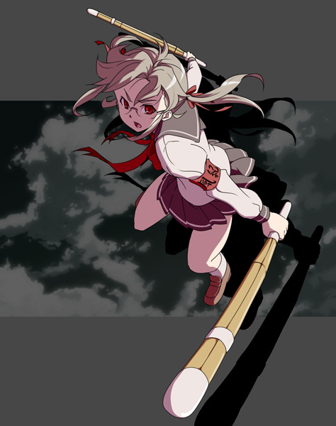 armband dual_wielding glasses guntank_(artist) original red_eyes ribbon school_uniform shinai skirt solo sword weapon