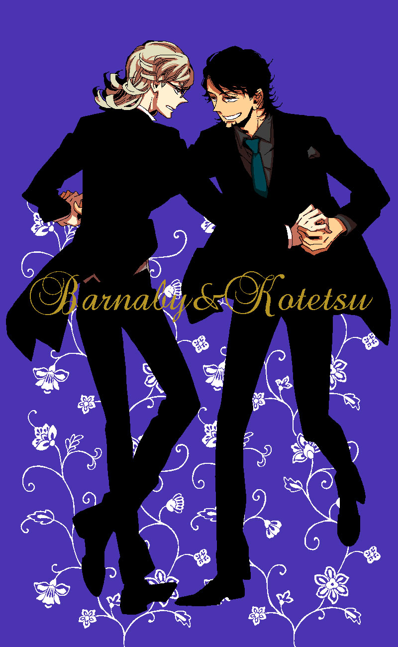 barnaby_brooks_jr black_hair blonde_hair dancing formal glasses green_eyes highres hoshino_lily kaburagi_t_kotetsu multiple_boys pixel_art suit tiger_&amp;_bunny