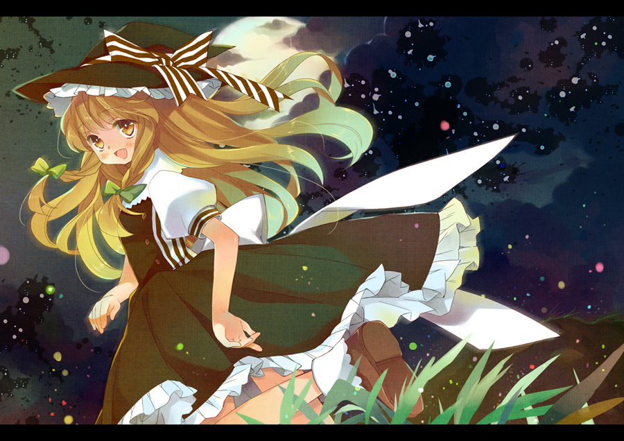 alitou apron back bad_id blonde_hair blush braid cloud full_moon grass hat kirisame_marisa long_hair moon night open_mouth skirt sky smile solo star_(sky) starry_sky touhou witch witch_hat yellow_eyes