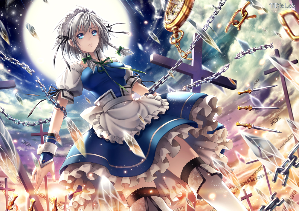 blue_eyes bow braid broken_glass chain chains cross full_moon glass hair_bow hair_ribbon headdress izayoi_sakuya knife maid maid_headdress moon night night_sky parted_lips ribbon short_hair silver_hair sky slip_skirt solo thigh-highs thighhighs throwing_knife tidsean touhou twin_braids weapon white_legwear wrist_cuffs