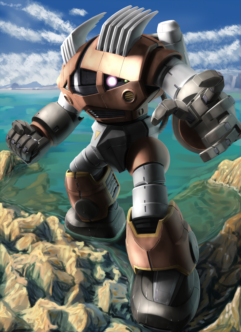 cloud fighting_stance fist gundam gundam_msv mecha mobile_suit mobile_suit_gundam no_humans ocean oldschool partially_submerged perspective raybar realistic robot rock science_fiction sky solo water zogok