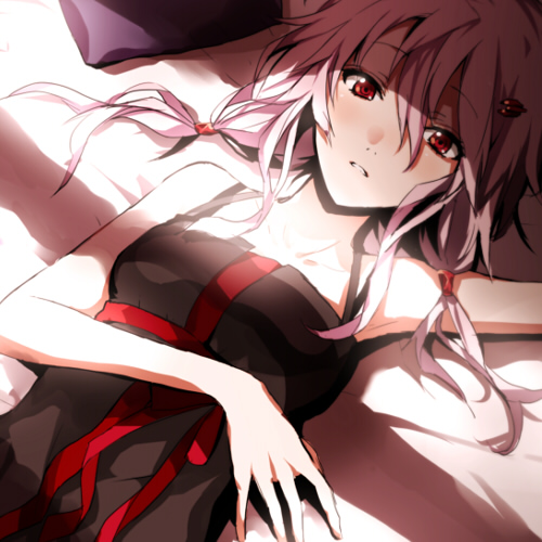 arisaka_ako armpits bare_shoulders bed black_dress blush dress guilty_crown hair_ornament hairclip long_hair looking_at_viewer low_twintails lowres lying on_back pillow pink_hair red_eyes sleeveless solo twintails yuzuriha_inori