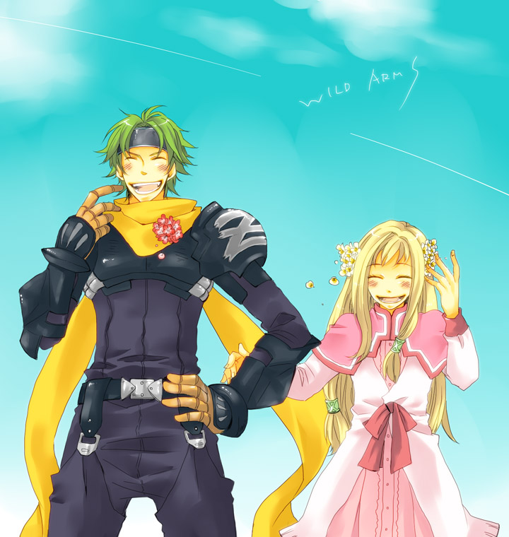 1girl aqua_background armor aura_(wild_arms) blind blonde_hair bodysuit closed_eyes couple daken99 dress eyes_closed flower green_hair hair_flower hair_ornament hand_on_hip happy headband height_difference hips long_hair pants pauldron pauldrons pink_dress scarf title_drop wild_arms wild_arms_1 wild_arms_alter_code_f zed