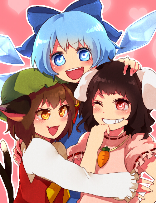 animal_ears black_hair blue_eyes blue_hair blush brown_hair bunny_ears cat_ears cat_tail chen cirno friends grin group_hug happy hat hug ice ice_wings inaba_tewi lgw7 multiple_girls open_mouth pink_eyes red_eyes short_hair smile tail team_9 teeth touhou wings wink yellow_eyes